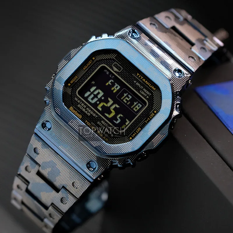 

Custom Ice Blue Camouflage 316L Stainless Steel Watchbands and Bezel For 5600 GWM5610 GW5000 Watch Strap and Case With Tools