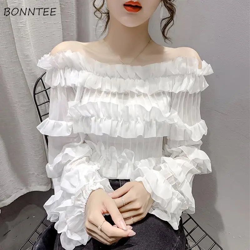 

Blouses Women Folds Sexy Design Daily Elegant Fashion Korean Style Female Slash Neck Autumn Minimalist Pure Casual All-match New