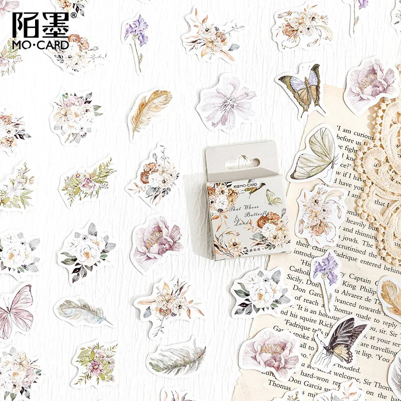 

46pcs/Box Kawaii Vintage Flower Butterfly Wish Stickers Hand Account Journal Album Scrapbooking Laptop Designer Esthetics Decal