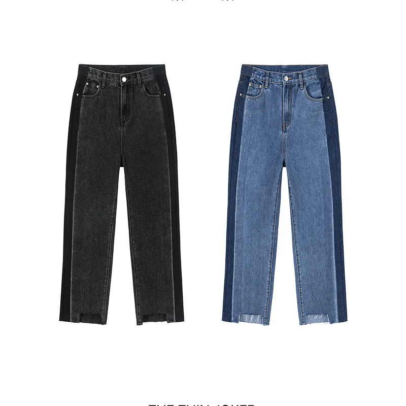 Spring Ripped Jean For Women Clothing High Waist Straight Trouser Korean Baggy Denim Patchwork Ankle-Length Pants 2023