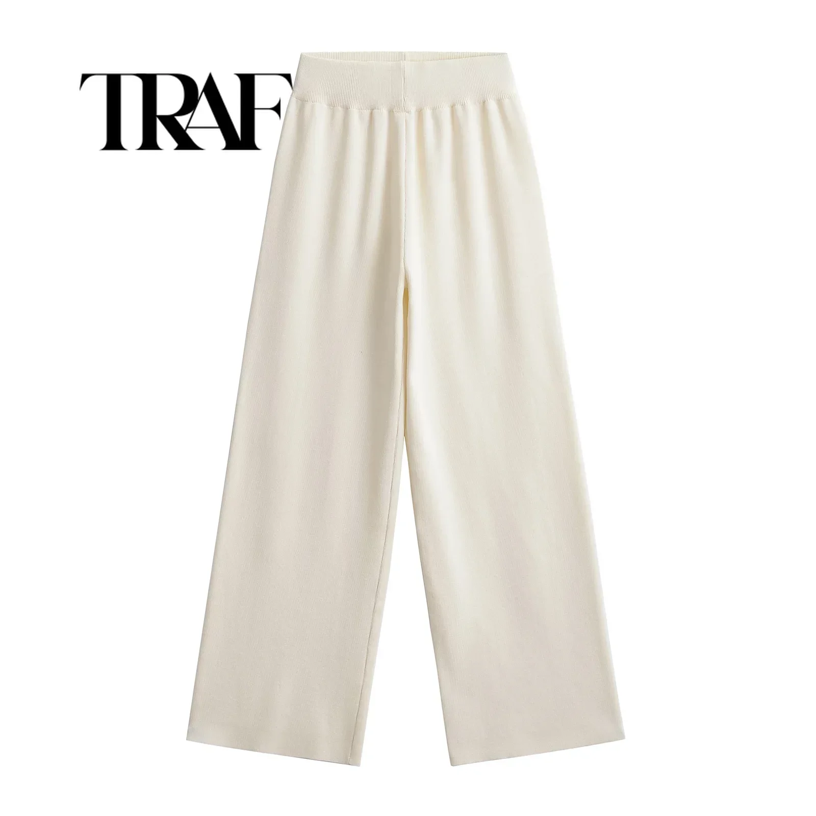 

TRAF High Waist Wide Leg Pants For Women Autumn Winter Casual Loose Knit Straight Leg Pants Lace-up Women Solid Trousers
