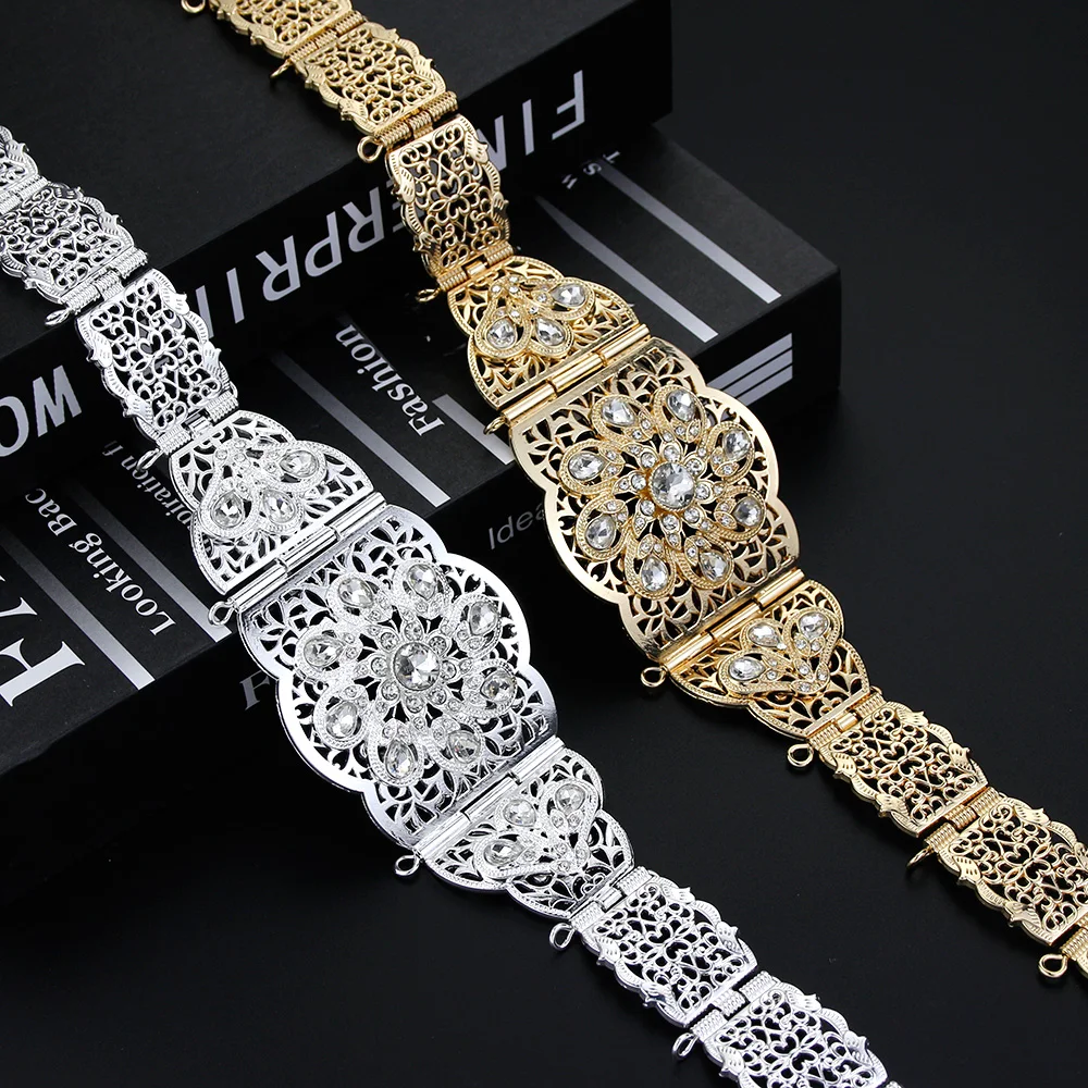 Heart Style Morocco Rhinestone Caftan Belt For Women Algeria Wedding Dress Robe Belt Gold Silver Color Waist Jewelry