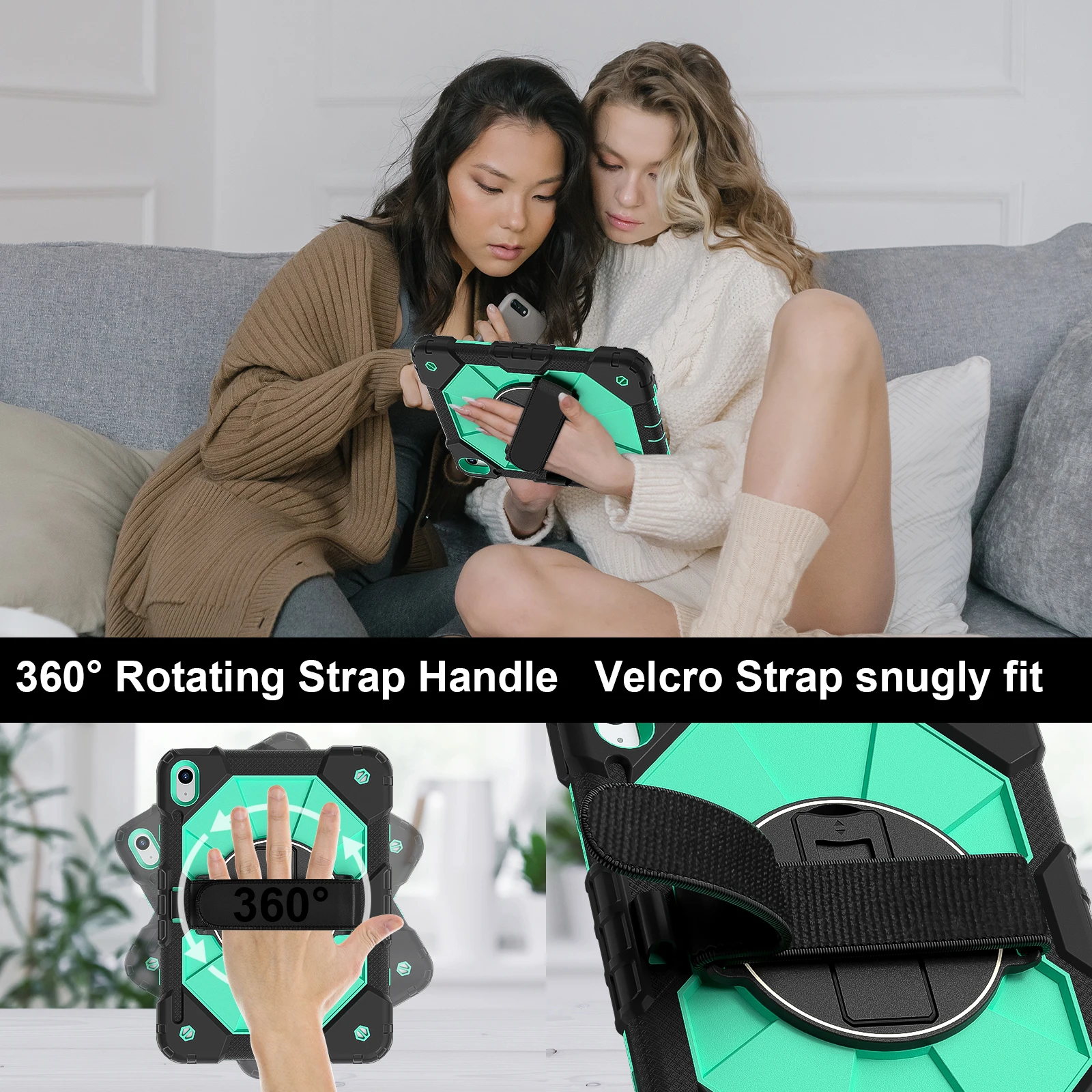 360 Rotatable Universal Protective Case for Tablets with Hand and Shoulder Strap - 3-Layer Hybrid Cover, 11-Inch