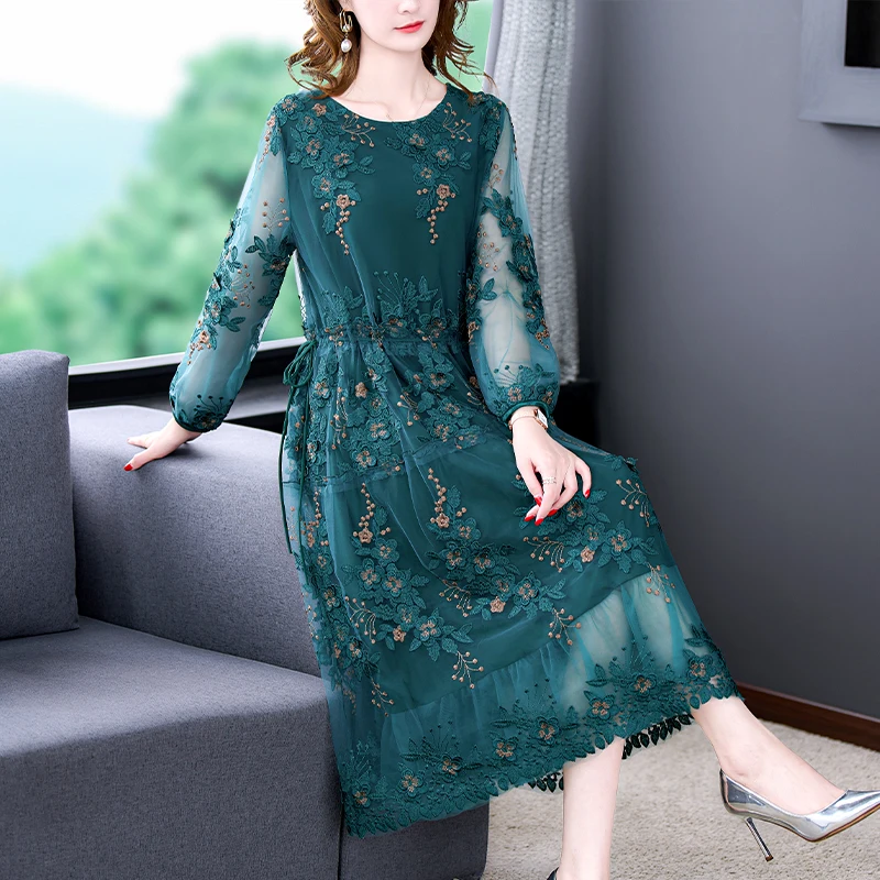 

Summer Embroidery Natural Silk Mesh Floral Sexy Midi Dress 2024 Spring Korea Fashion Beach Dress Women Long Sleeve Elegant Robe