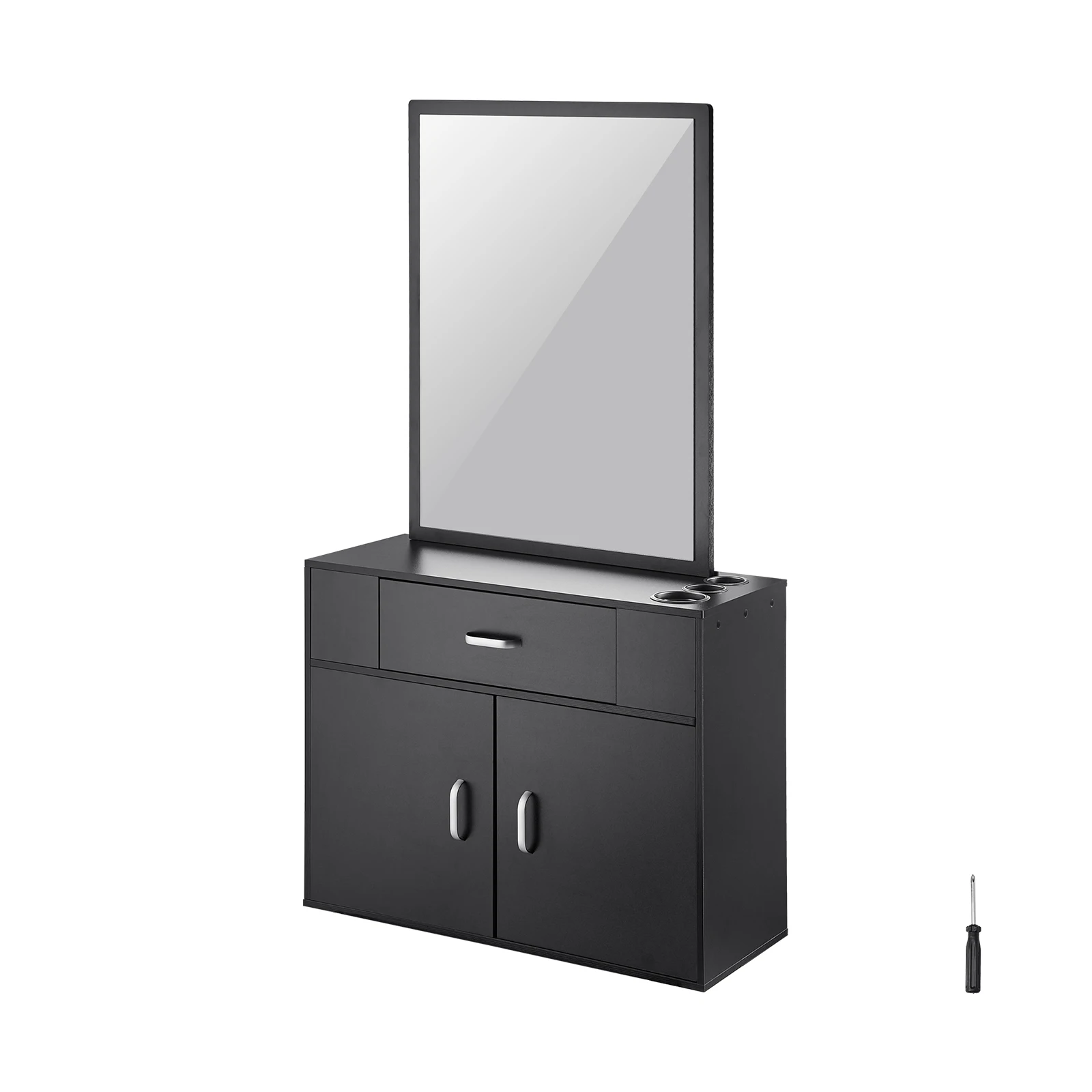 SucceBuy Salon Organizer Wall-Hanging Unit for Hairdressers Complete with 3 Holders Mirrors Dual-Door Storage and Single Drawer