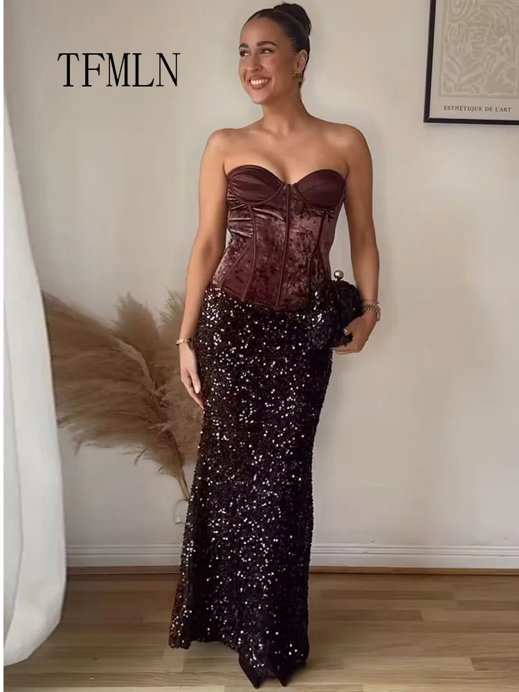 Elegant Sexy Sequined Slim Skirts For Women 2026 Spring Fashion Solid Evening Party Skirts Retro Female Christmas Clothing