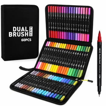 Pennarelli ad acquerello a doppia punta dai colori vivaci, 48/60 colori – Set artistico per disegno e artigianato, corpo in plastica resistente, regalo di Natale