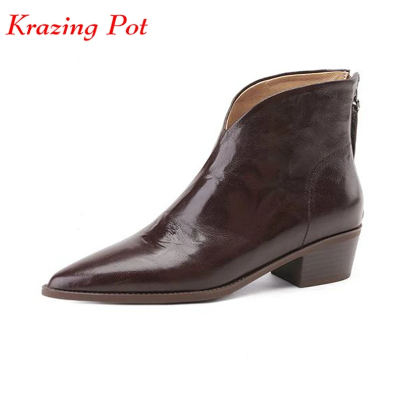

Krazing Pot Sheep Leather Pointed Toe Thick Med Heels Chelsea Boots Winter Shoes Daily Wear Handmade Vintage Retro Ankle Boots
