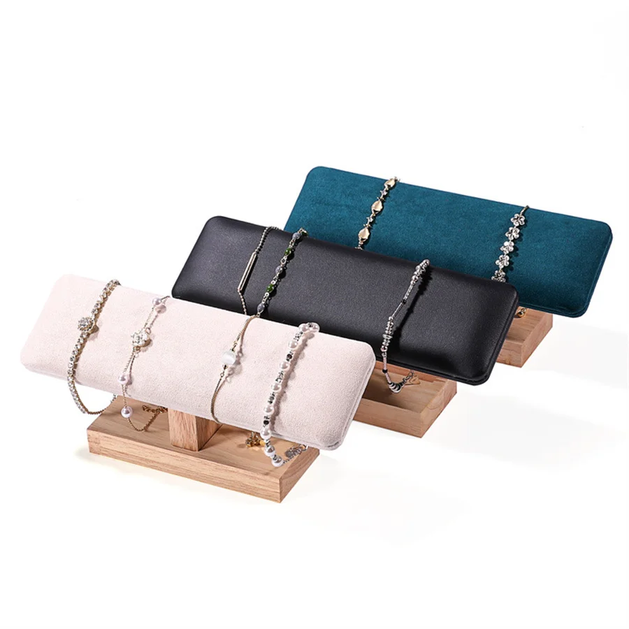 Wooden Base T-Shaped PU Leather/Velvet Bracelet Display Rack Bangle Watch Hairband Jewelry Storage Stand Holder Organizer 1pc