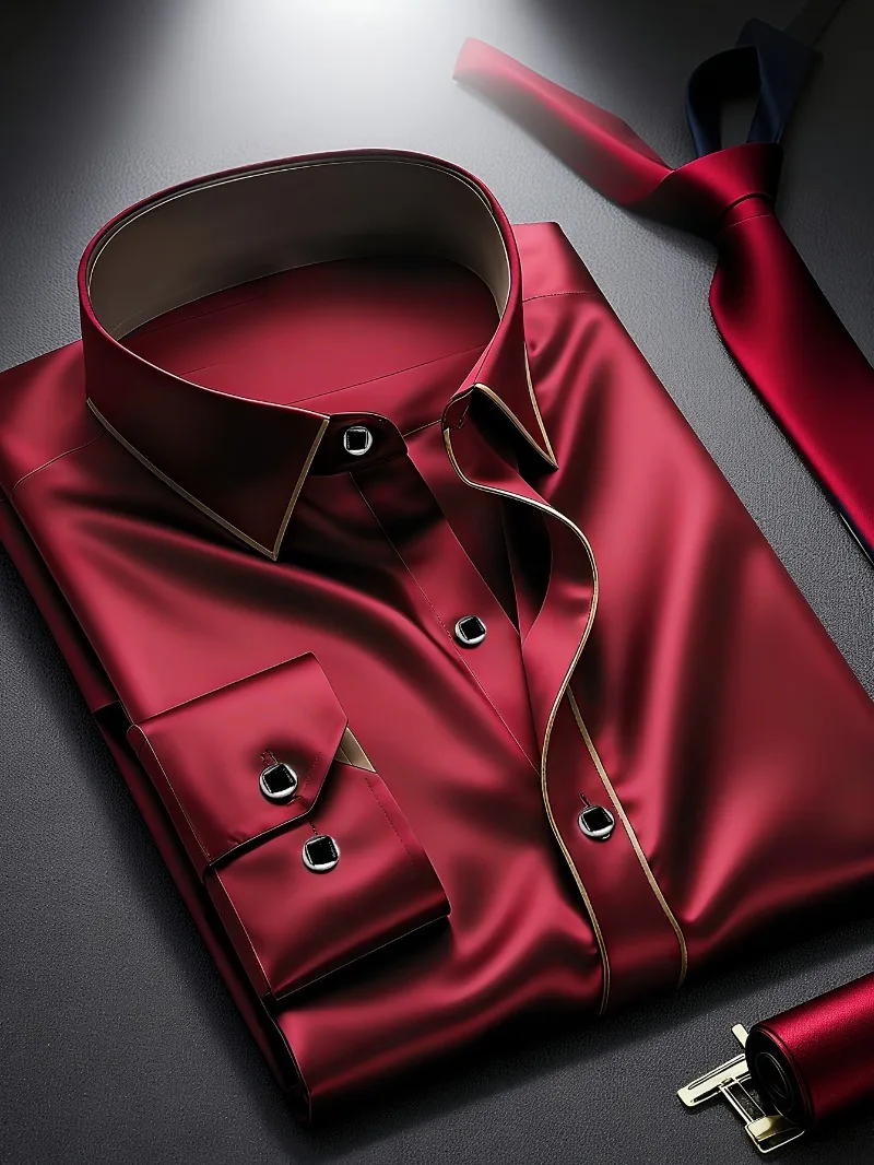 2025 جديد الرجال المرقعة قميص الموضة الفاخرة طويلة الأكمام الذكية عادية أربعة الموسم سهرة رجل مايكرو مطاطا القمصان