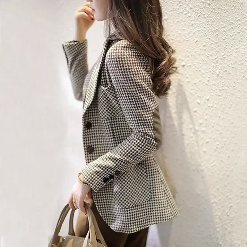 

Slim Coats for Women Clothes Blazer Woman Tweed Wool & Blend Check Jacket Outerwears Plaid Korean Style Simple Cheap Stylish