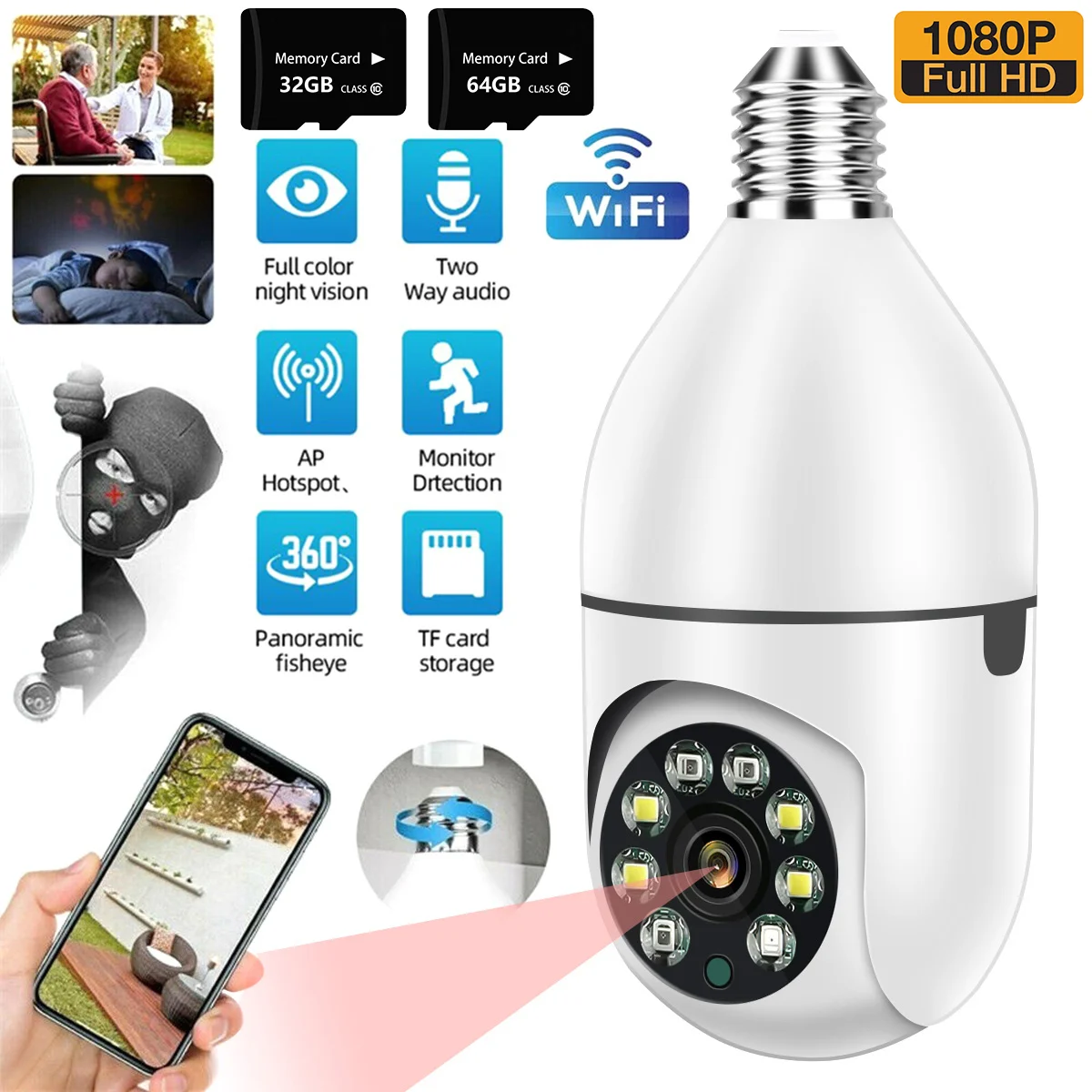 E27 Lampadina Telecamera Di Sorveglianza Visione Notturna Full Color Automatic Human Tracking 4X Zoom Digitale Video Security Monitor Cam