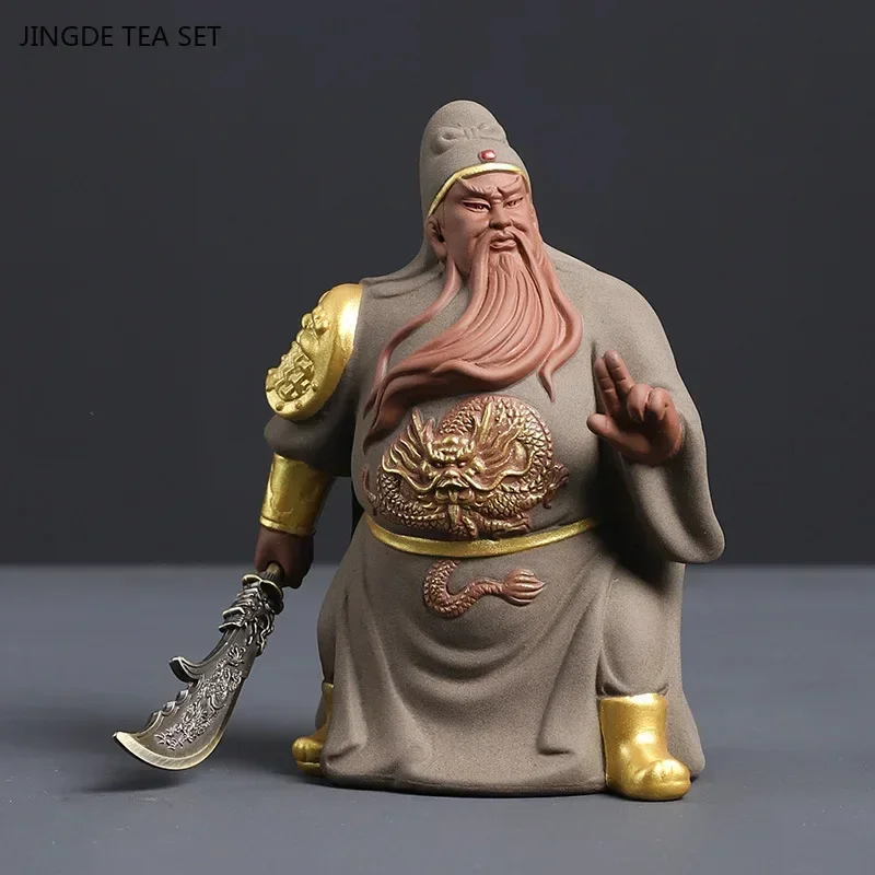 1PCS Small Purple Clay Guan Yu Tea Pet Ornament Wu Caishen Living Room Lucky Decoration Bo Gu Jia Crafts