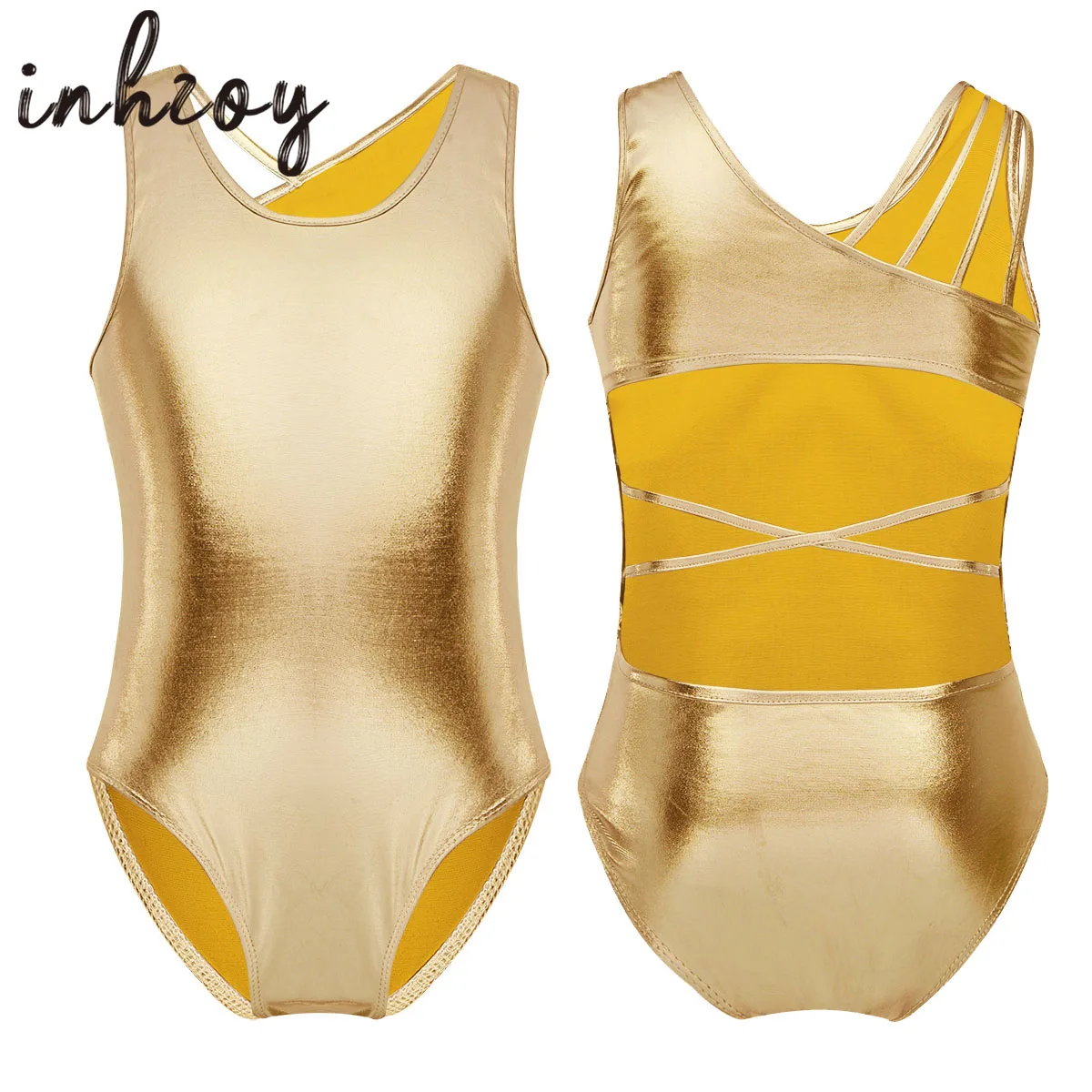 

Kids Girls Sleeveless Sparkly Sports Gymnastics Workout Bodysuit Metallic Shiny Cutouts Back Ballet Leotards Dance Costume