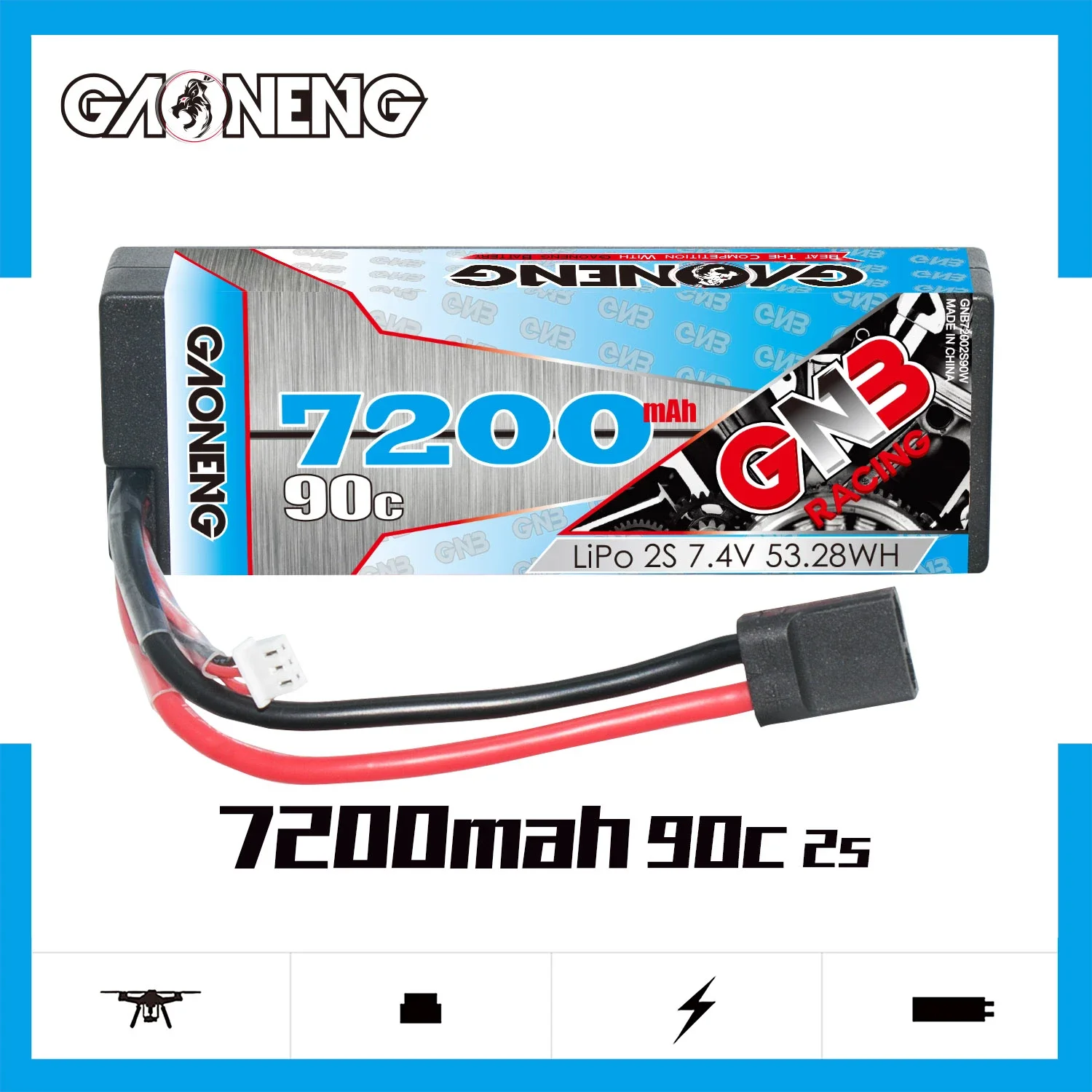 

GAONENG GNB 7200mAh 2S 90C 180C 7.4V Hard Case LiPo Battery Cabled with TRX 1/10 1/8 scale RC Hobby Models