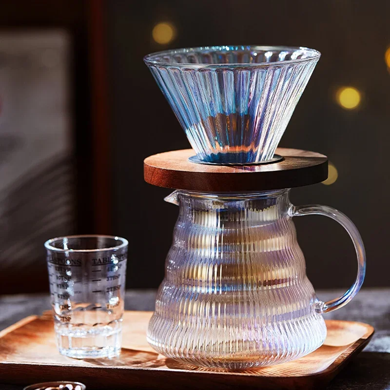 다채로운 붓기 커피 세트 V02 드리퍼 커피 서버 V60 필터 유리 깔때기 드립 커피 메이커, 양조 컵 나무 거치대 포함