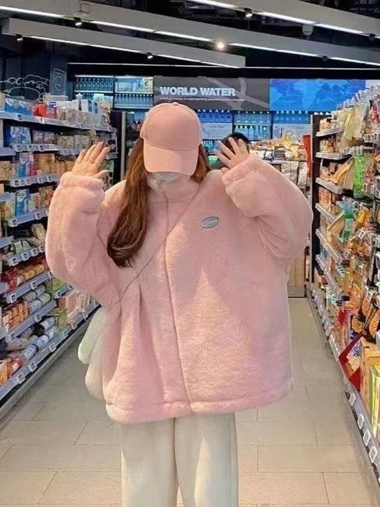 2023 Winter Fleece Fluffy Women's Jacket Streetwear Harajuku Solid Coat Korean Style Clothes Oversize Pink Designer Plush Jacket
