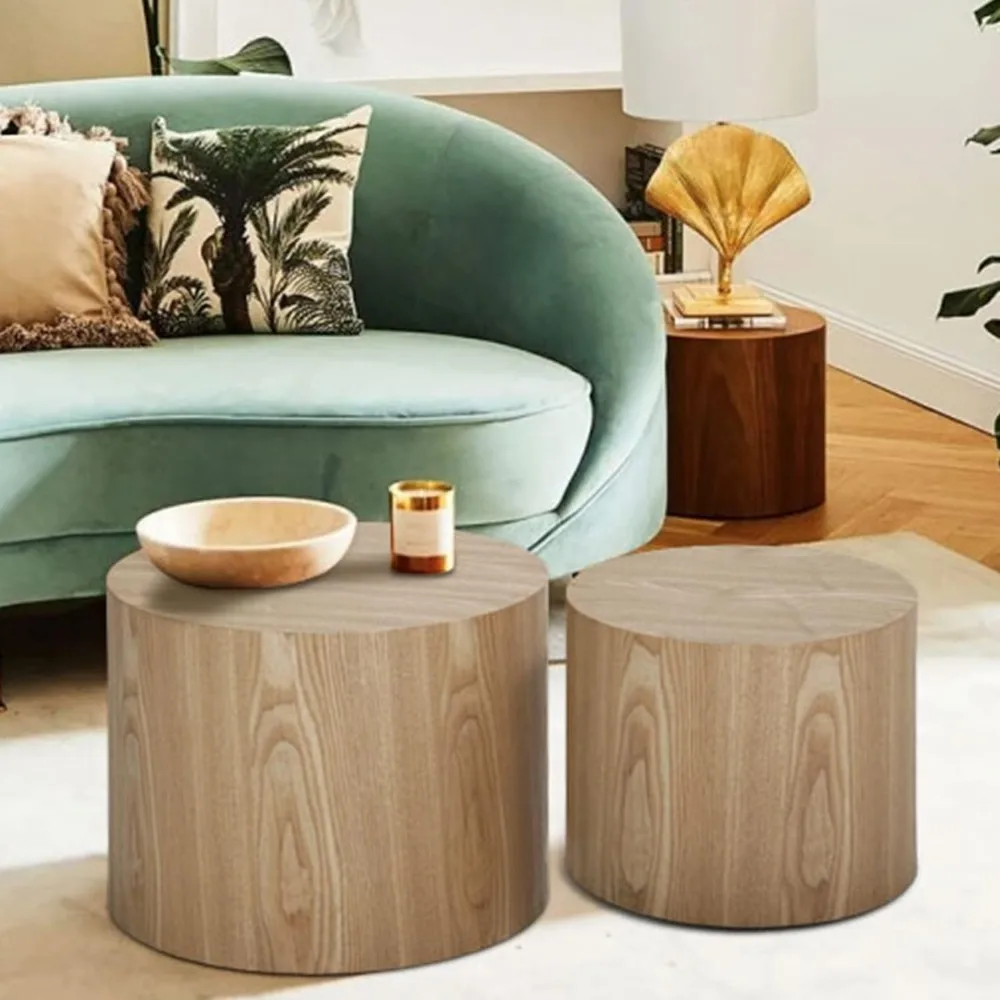 Round Coffee Table Set of 2, Nesting Coffee and End Table Set Wood Small Circle Drum Side Table for Living Room Office 4
