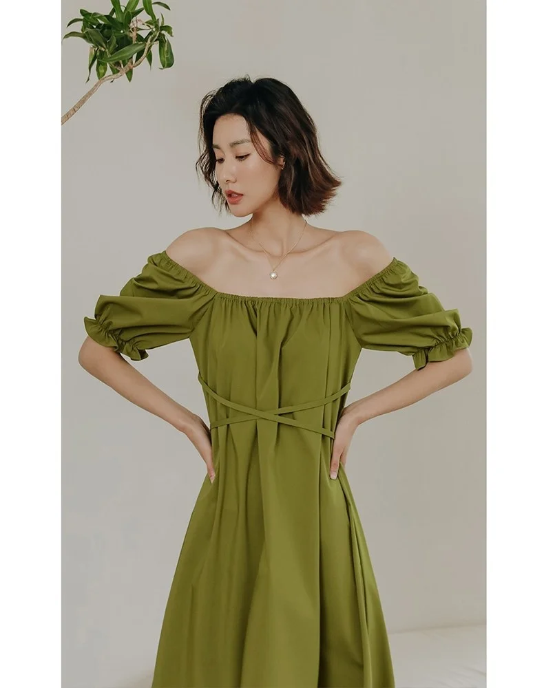 

Green Tea Break French Slim Dress High Grade Square Neck Skirt Waist Wrapped Women's Summer Chiffon Long Dress