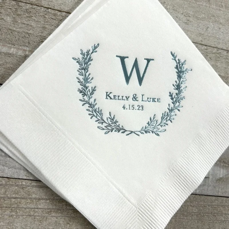 

50pcs Personalized Napkins Wedding Napkins Custom Laurel Wreath Decorative Wreath Beverage Cocktail Luncheon Dinner Guest Towels