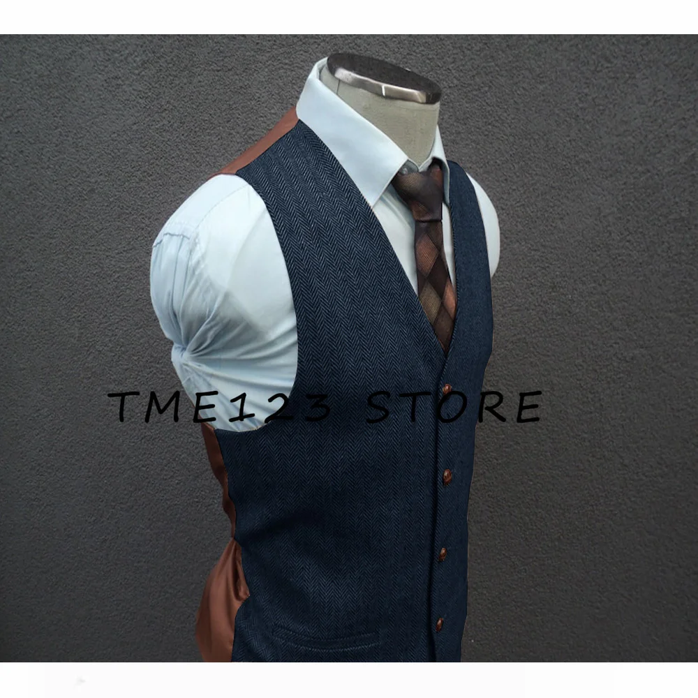 Men's Herringbone Vest V-neck Single-breasted Business Fashion Party Vest Luxury Men's Clothing Suit Male Steampunk Cufflinks