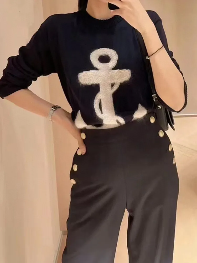 

Women's Embroidery Anchor Sweater Long Sleeve 100% Cashmere O-Neck Knitwear Pullover for Female 2023 Autumn