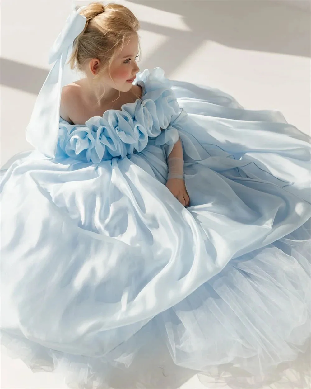 فساتين فتاة الزهور الزرقاء السماوية المخصصة لحفلات...