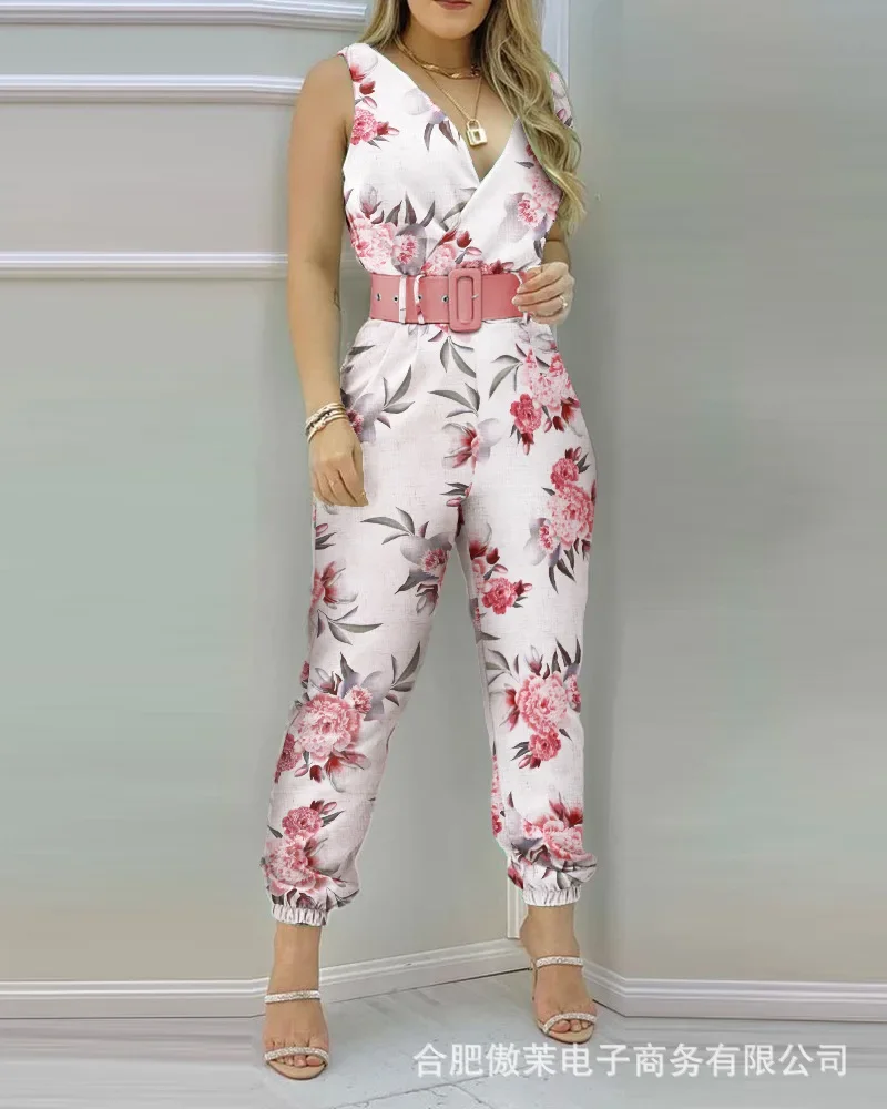 Woman Jumpsuits Elegant 2023 Jumpsuits  Sexy V-neck Sleeveless Printed Jumpsuit New Fashion with Belt Vest Playsuit Streetwear