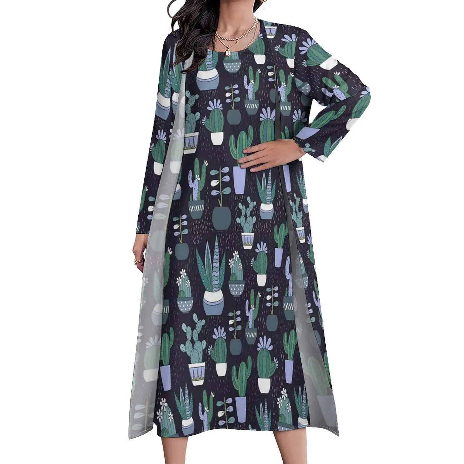 

Cactus Print Dress Funny Plants Elegant Maxi Dress Street Style Casual Long Dresses Autumn Two Piece Graphic Vestidos Large Size