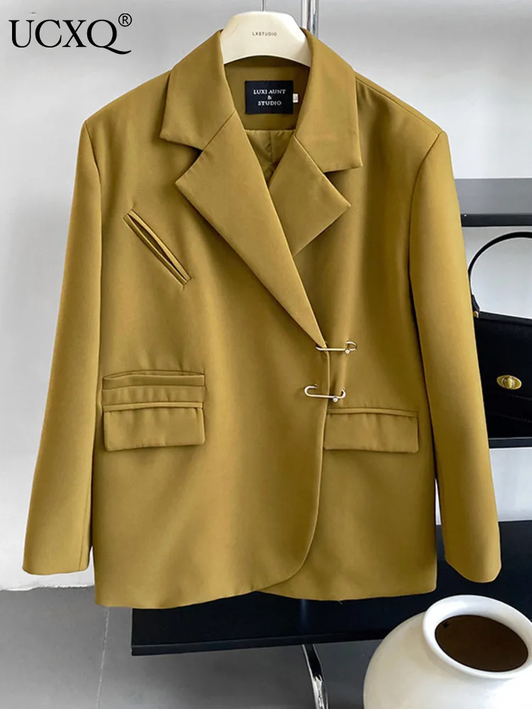 

Пиджак UCXQ женский с длинными рукавами, элегантный однотонный блейзер с отложным воротником, на пуговицах, с карманами, свободный винтажный жакет, весна 2023