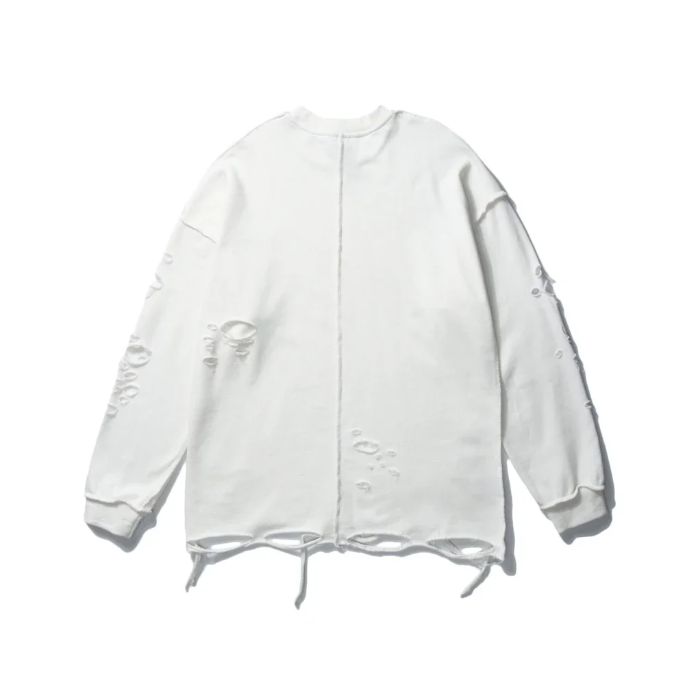 Camisolas rasgadas de manga comprida para homens e mulheres, pulôveres de ombro, streetwear com buracos rasgados, roupas grunge, sloth tops, primavera