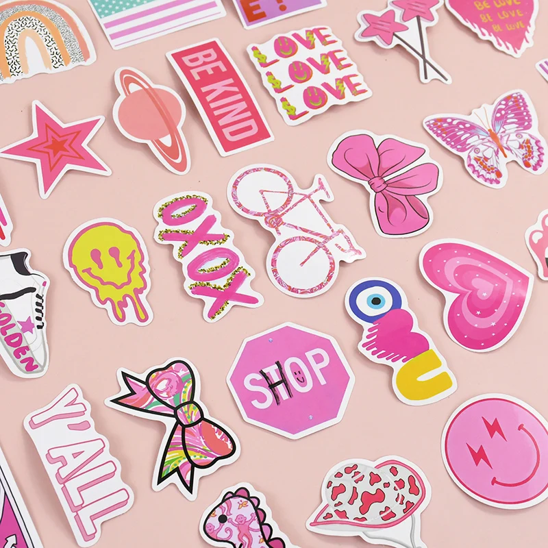 50pc Cartoon lovely Pink College Style Graffiti Waterproof Stickers Creative Trendy Fridge Mug Skateboard Guitar Decor Stickers