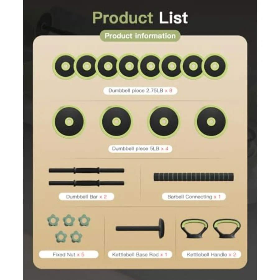 Adjustable Dumbbell Set 42LBS, 5-in-1 Free Weight Dumbbell Set Used as Dumbbell，Kettlebell,Barbell, Push-Up Stand,Weight Plate,