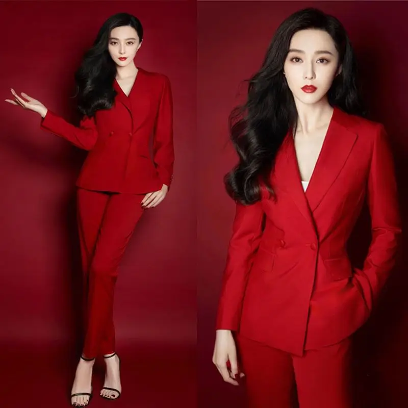 

Red business casual suit Women's wedding party Tailcoat Women's slim fashion commuting OL 2-piece set (jacket+trousers)