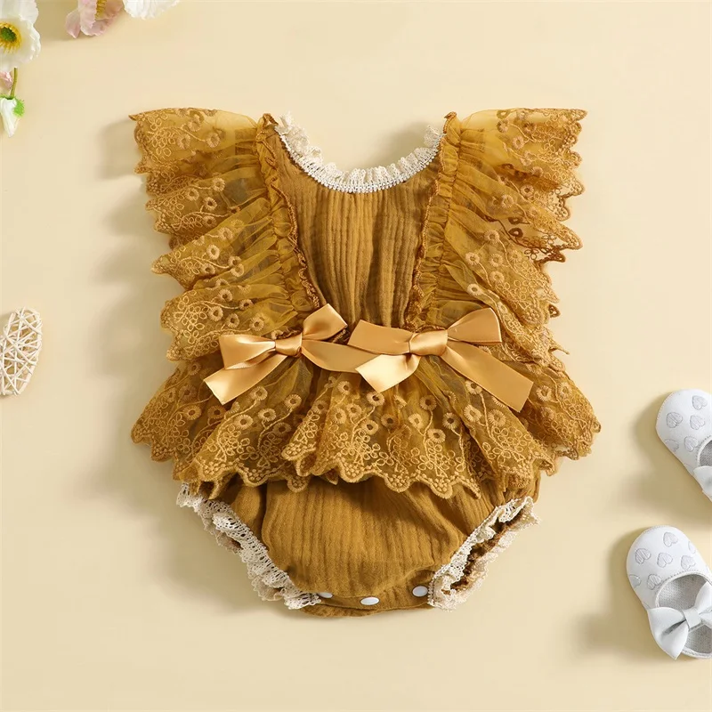 Infant Girls Kids Lace Bodysuits Newborn Toddler Sleeveless Ruffle Bowknot Bodysuit Jumpsuits Outfits Summer Clothing