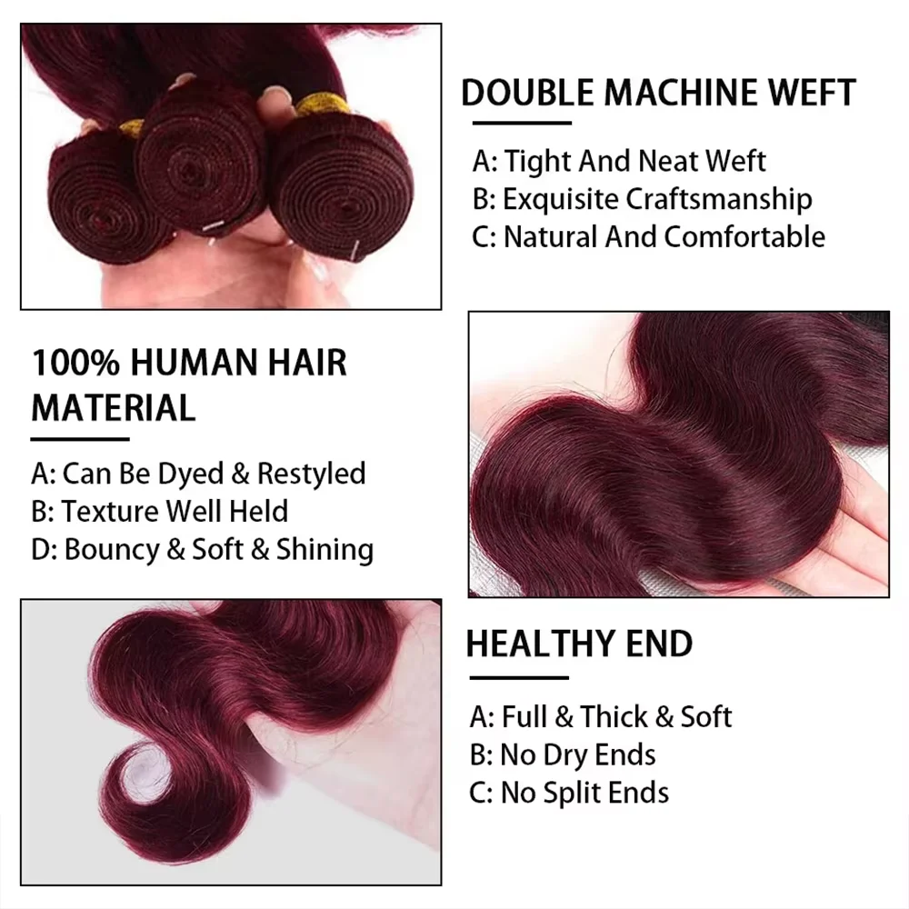 99j Burgundy Body Wave Bundles 100% Human Hair Colored Wine Red 3 4 Bundles Unprocessed Raw Real Human Hair Extensions Bundles 4