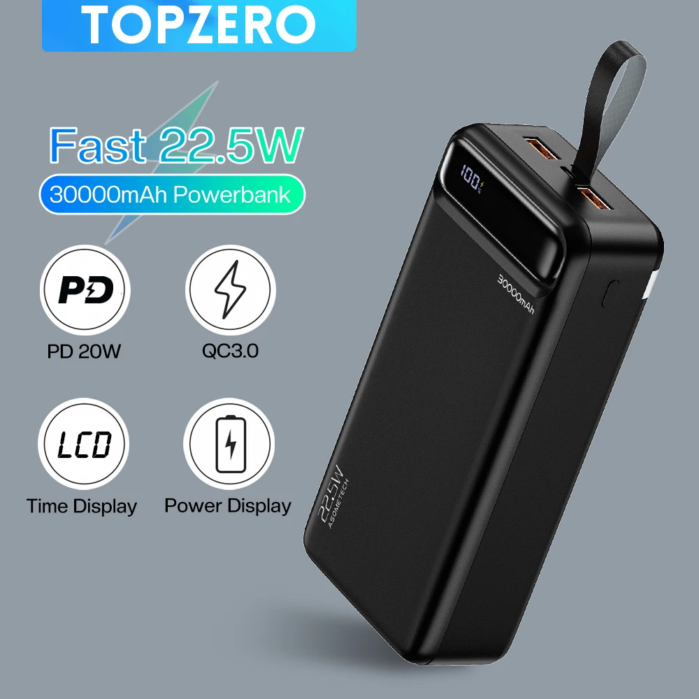 

Power Bank 30000mAh Portable External Battery Charger 22.5W PD QC3.0 Fast Charging Powerbank LCD Display For iPhone 13 12 Xiaomi