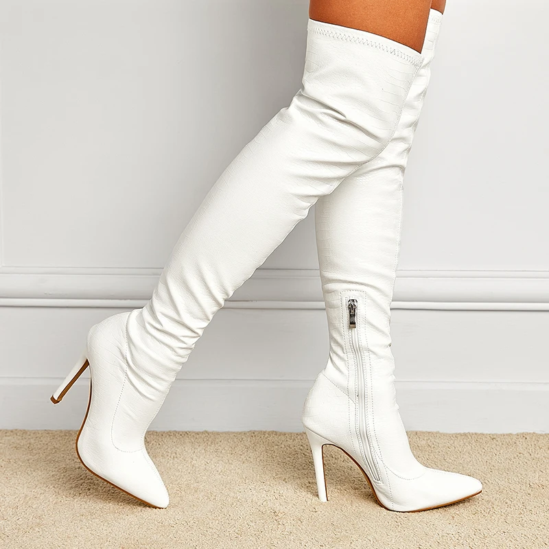 Winter Slim Stone Grain Women's Boots Shoes Over Knee Boots Patent Leather Side Zipper Solid Color Long Tube Stiletto High Heels