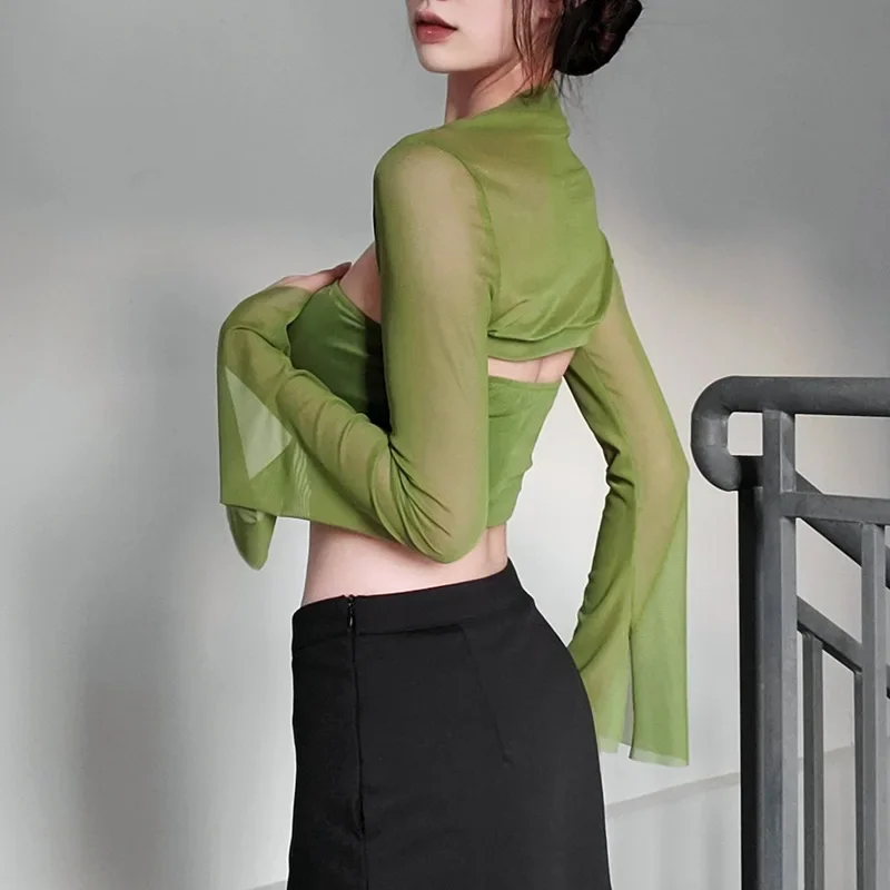 Y2K Mesh Top Long Sleeve T Shirt 2 Piece Crop Top Women