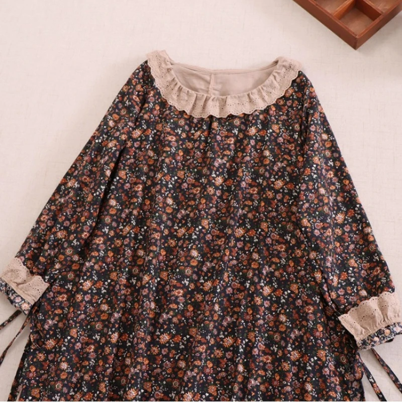 Vintage Cute Cotton Linen Women Dresses Lace Ruffles Collar Loose Boho Style Long-sleeved Floral Print Long Female Dress Vestido