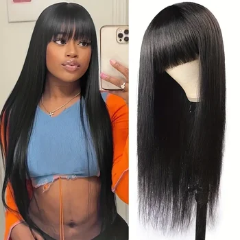 Silky Straight Human Hair Wigs With Bang Full Machine Made Wigs 8-30inch Natural Color AHJF Peruvian Remy Human Hair Wigs 220% 1
