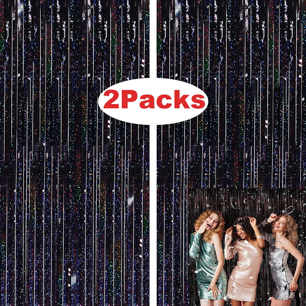 Black Metallic Foil Tinsel Fringe Curtain Backdrop 2Pack 1X2M For Birthday Wedding Bachelorette Party Adult Anniversary Decorations birthday background supplies birthday backdrop decoration birthday party supplies photography backdrops