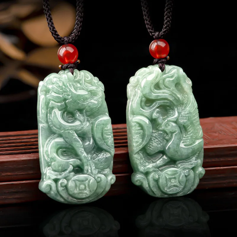 Natural A-grade Jade Pendant Bean Green Dragon Phoenix Brand Pair Set Couple Pendant Men's and Women's Jewelry Jade Necklace