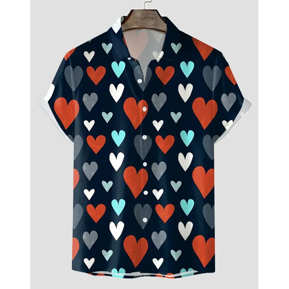 

Heart Casual Men's Shirt Button Up Shirt Casual Shirt Daily Wear Vacation Lapel Short Sleeves Polyester Shirt Valentine's Day
