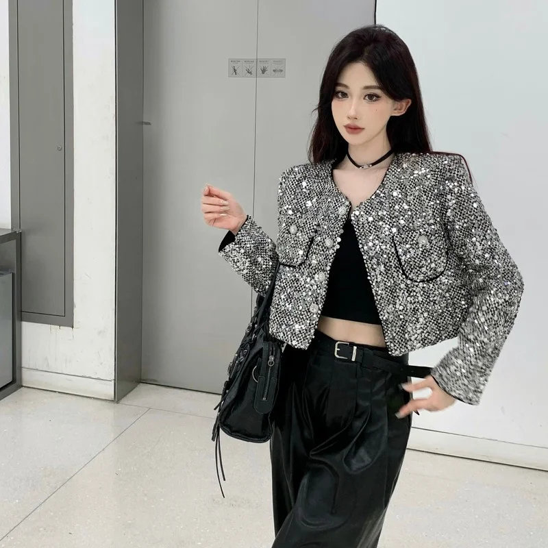

Autumn New Fashion Sequined Short Coat Korean Elegant Diamond Buttons Single Breasted O-neck Outerwear Party Club Jackets Q802