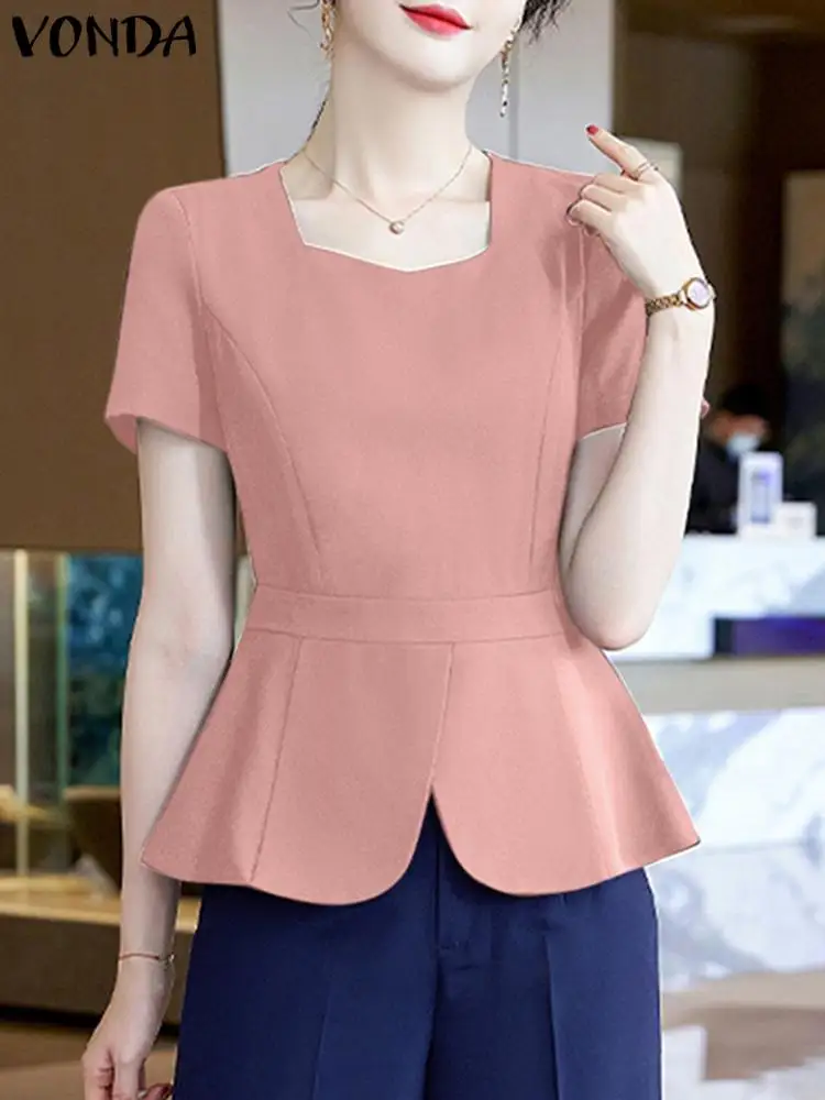 

VONDA 2024 Fashion Solid Blouses Women Summer Short Sleeve OL Work Office Shirt Streetwear Blusas Ovedrsized Split Waist Tunic