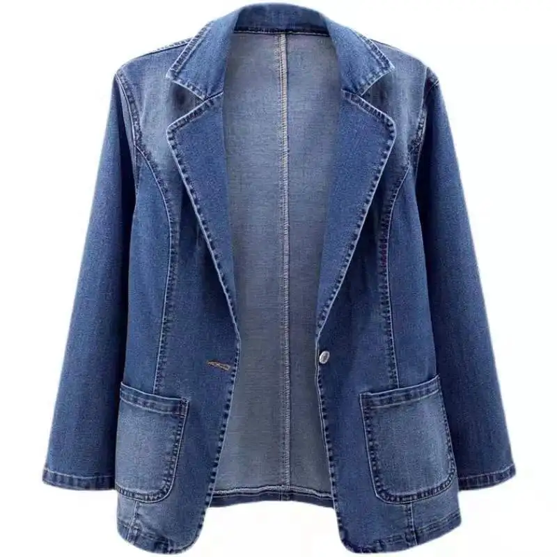 Spring Denim Suit Jacket Femme Long-Sleeve One Button Vintage Autumn Jeans Blazer Women Outerwear Cardigan Clothing 2023