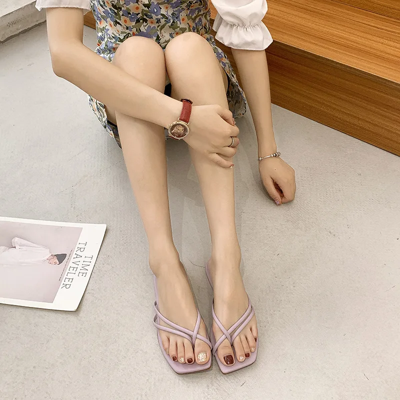 New Women Flats Flip Flops Simple Thin Strap Square Toe Indoor Shoes for Women Casual Candy Color Slides Shoes Large Size