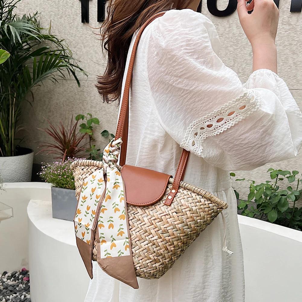 Fashion Straw Shoulder Bag Women PU Leather Top Handle Beach Bags Raffia Basket Bucket Bag Woven Summer Crochet Purses Handbags