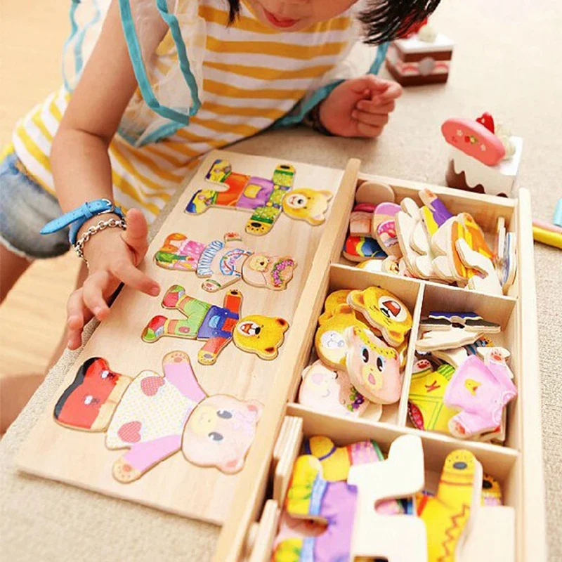 

Little Bear Change Clothes Children's Early Education Wooden Jigsaw Puzzle Dressing Game Baby Puzzle Toys for Children Gift